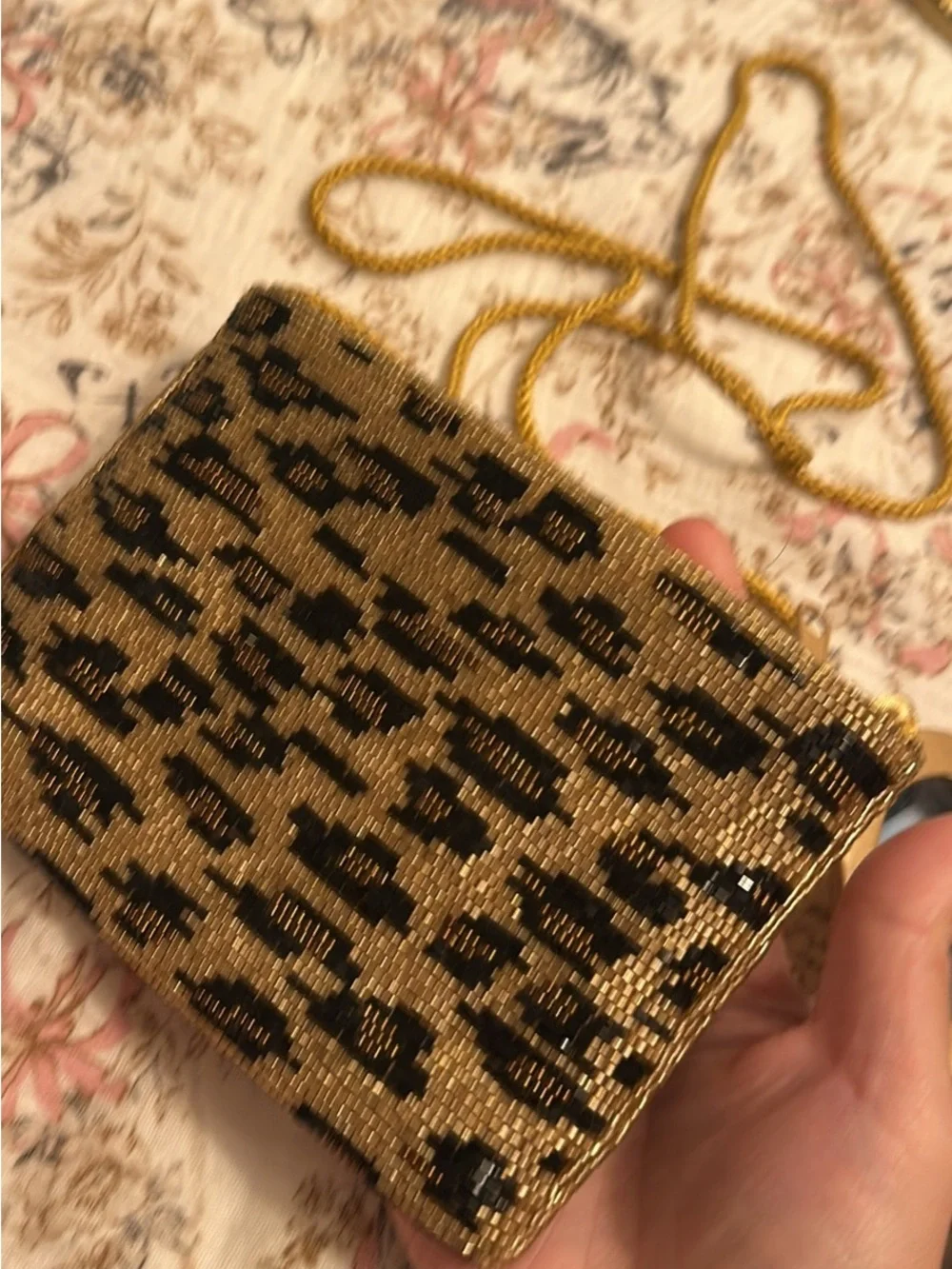 Vintage Gold Beaded Leopard Print Crossbody Bag with Mirror